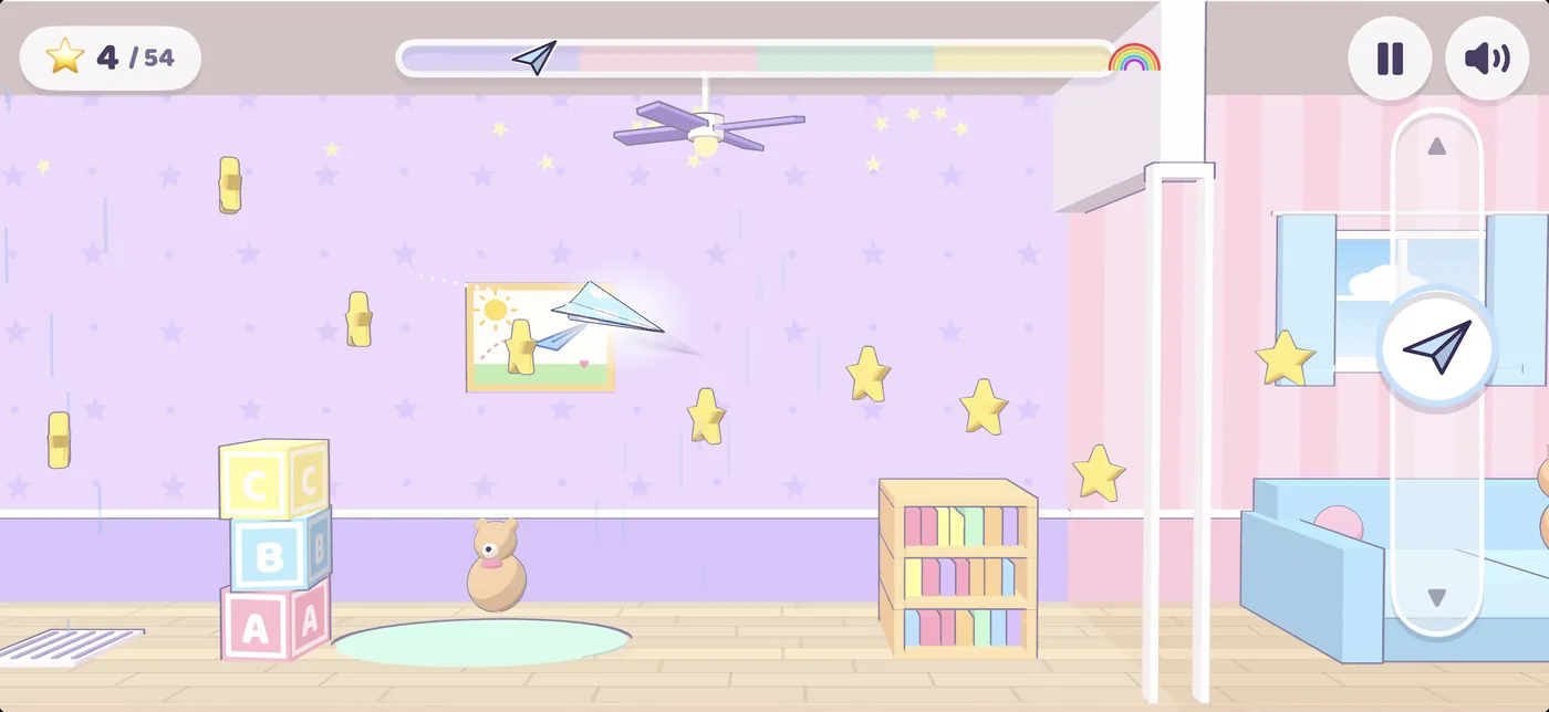 the bedroom in Home Sweet Home, stars along the wall and the paper airplane mid-flight.