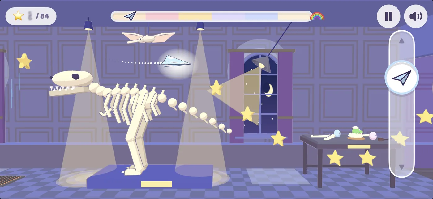 the museum after dark, past a spotlit T. rex skeleton under a flying pterodactyl.
