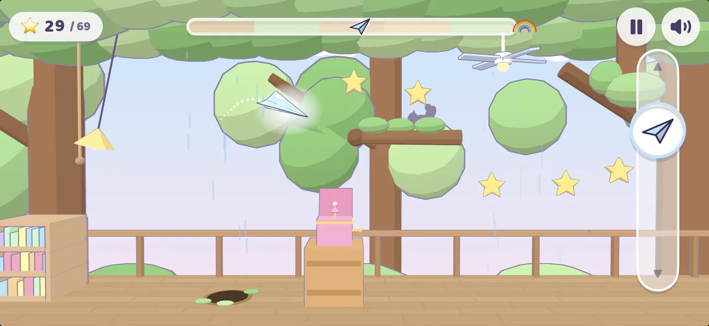 Paperwing on iPhone: the paper airplane glides through the treetops of the Treehouse, stars all around, the slider on the right.